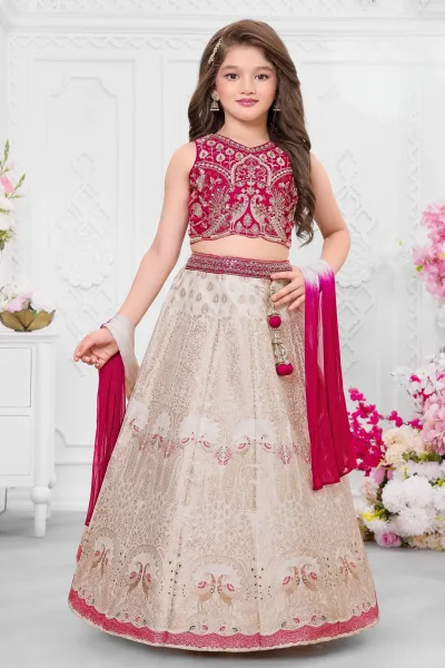 Rani Pink with Cream Beads, Zari and Sequins work Lehenga Choli